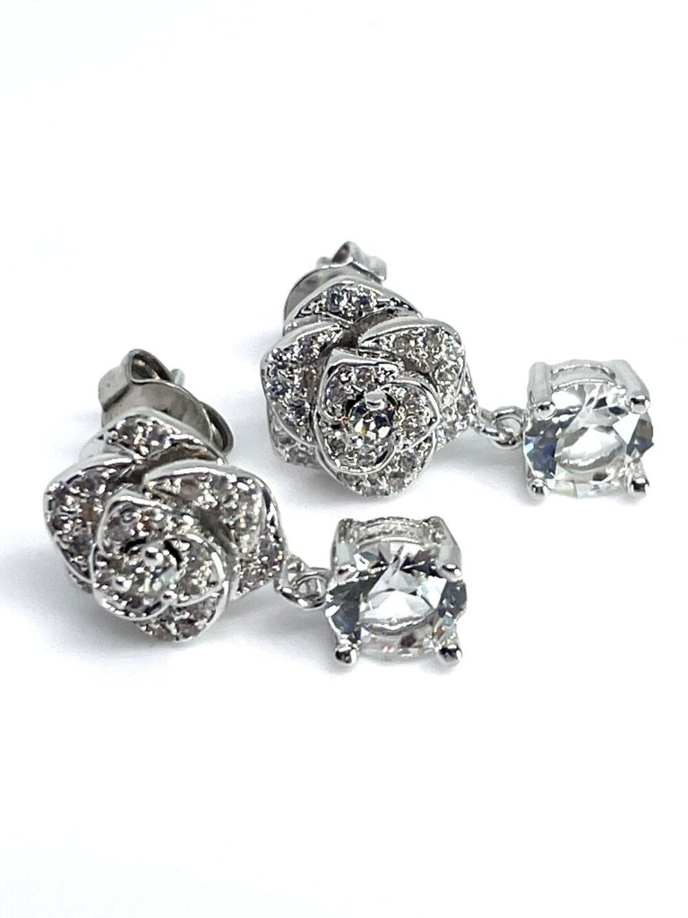 Camomile Flower Rhodium Plated Dangle Earrings, made with Crystals by Swarovski